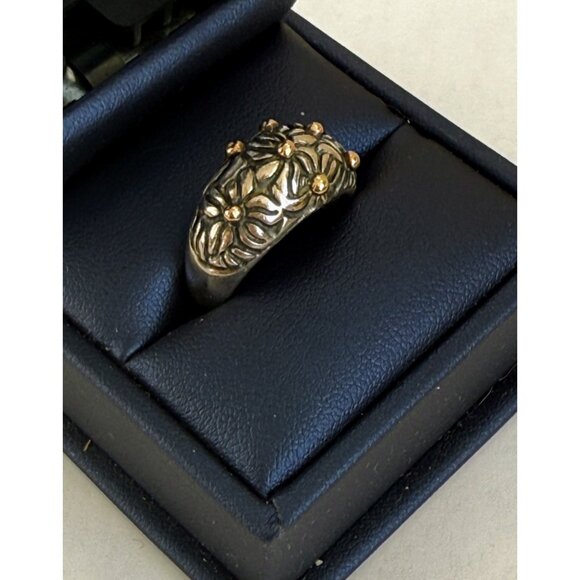 Vintage 90's 925 silver Floral Dome Ring Gold Vermeil Dots 6.4g Size 6 3/4 - Picture 7 of 12